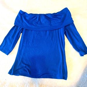 WHITE HOUSE BLACK MARKET blue ribbed off the shoulder 3 quarter length shirt